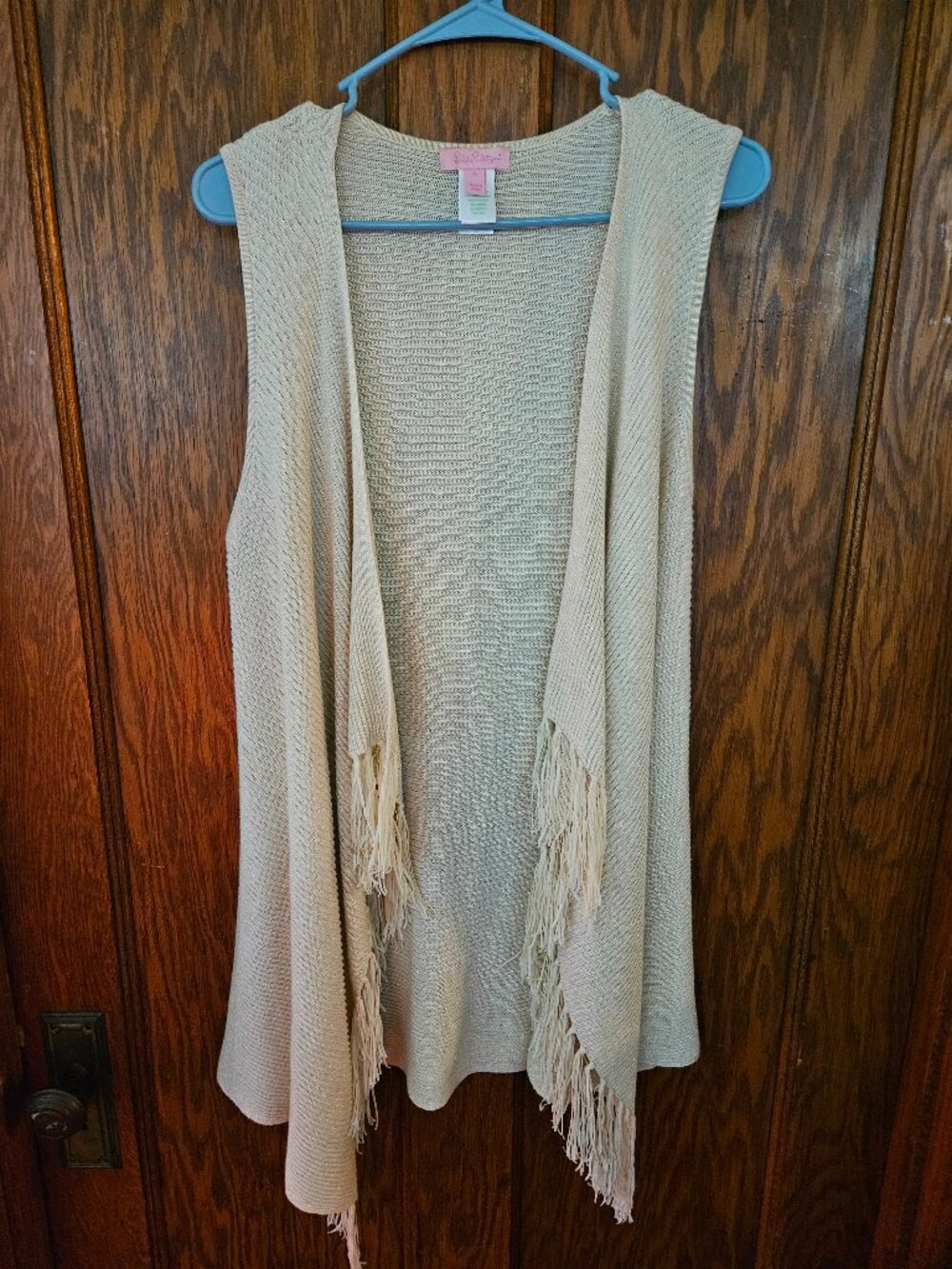 Lilly Pulitzer Abbott Sweater Vest Cardigan with Tassels Tan Gold